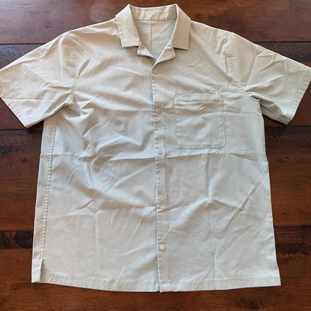 Lululemon Shirt Mens Green Large Airing Easy Camp Cotton Snap Short Sleeve - Picture 2 of 8
